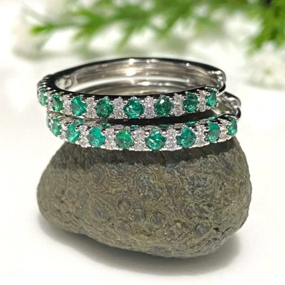 .925 Vintage Sterling Silver Emerald And White Topaz Hoop Earrings
